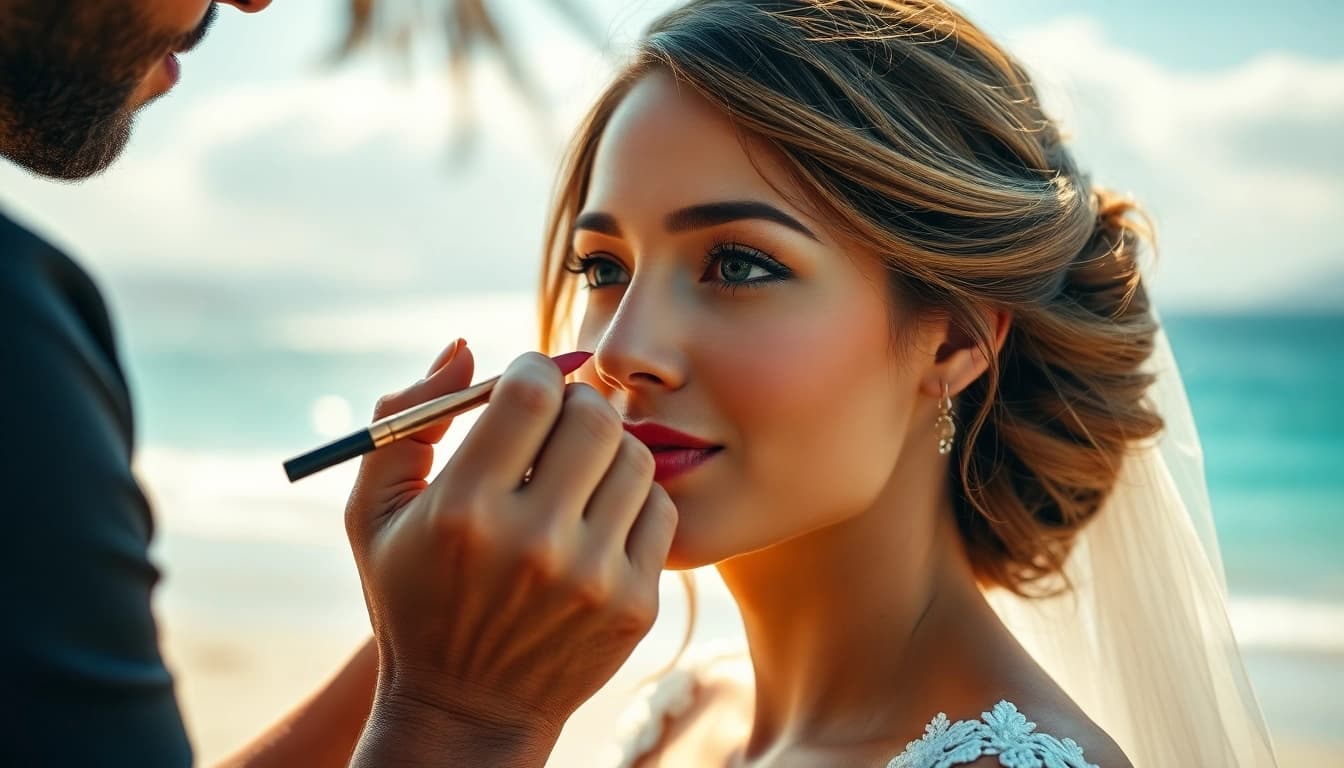 Destination wedding makeup artist expertly applying makeup to a bride on a beach.