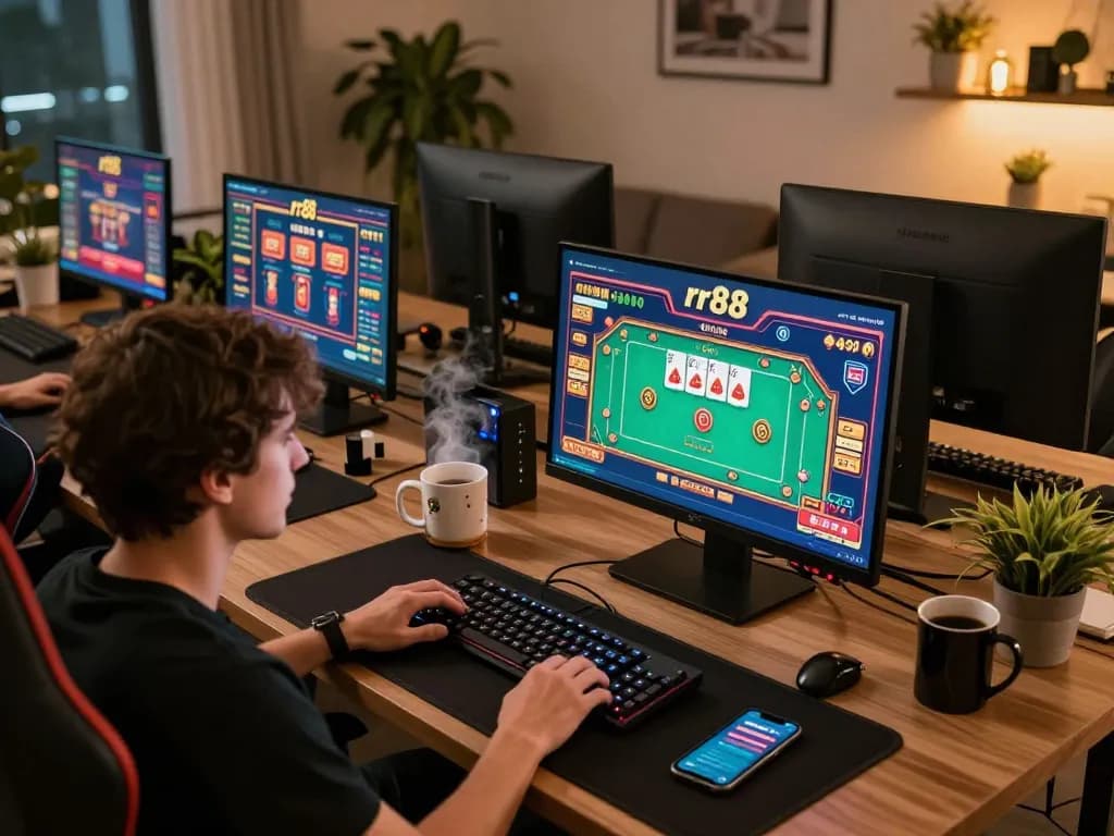 Engaging online gaming atmosphere showcasing rr88 casino games in action on multiple screens