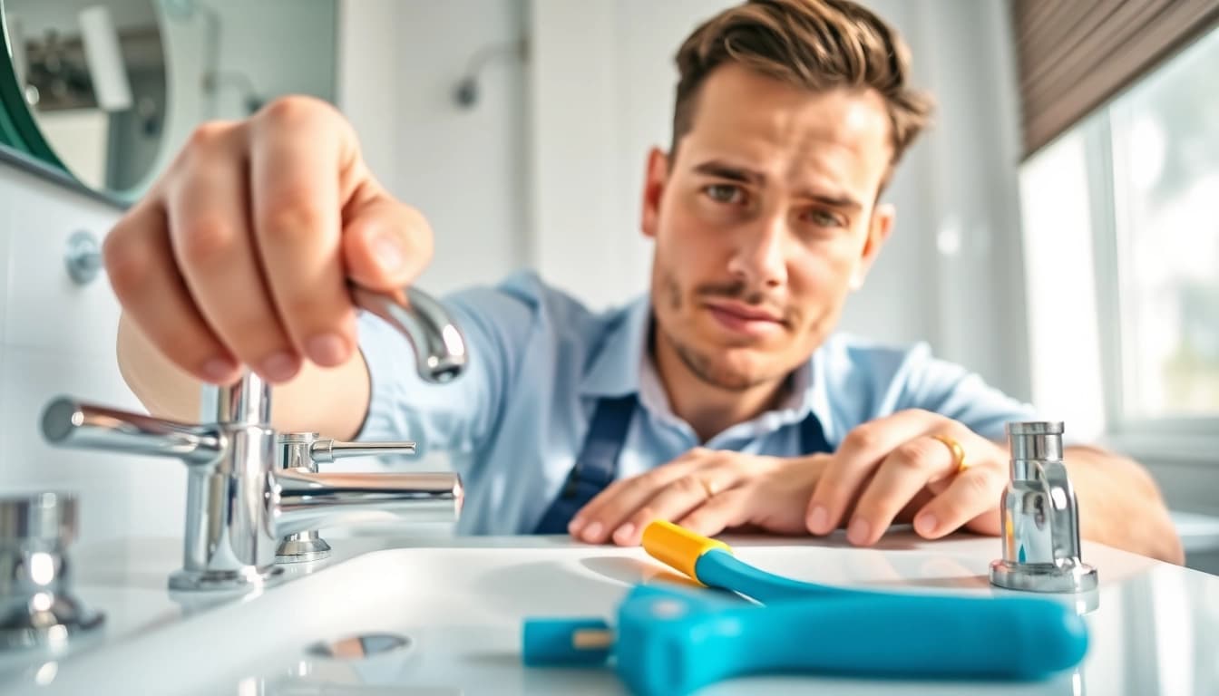 Ein Experte von sonni sanitär GmbH, der professionelle Installationsmethoden in einer modernen Badezimmerumgebung demonstriert.