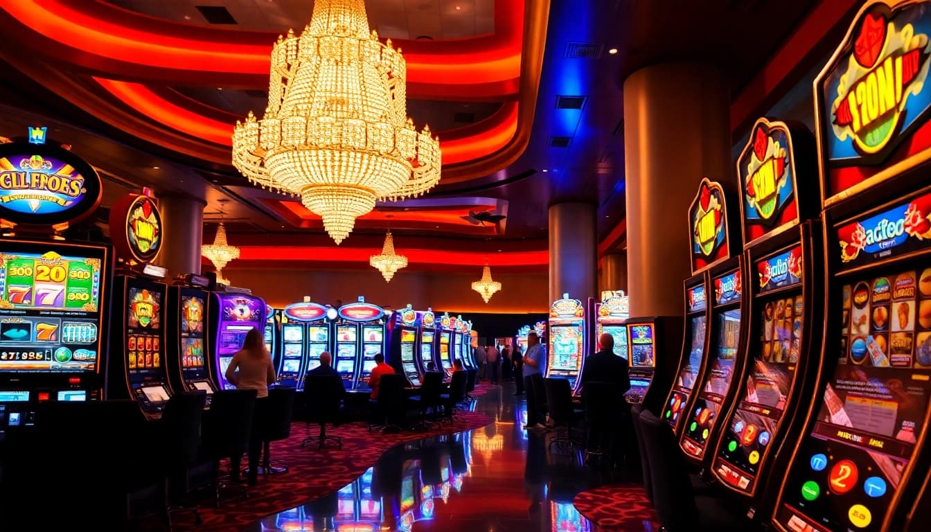 Menangkan slot gacor dengan suasana kasino yang hidup dan menarik penuh lampu dan mesin slot.