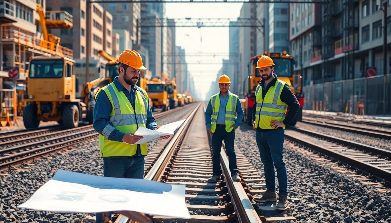 Railroad Contractors overseeing the construction site, showcasing teamwork and machinery in action.