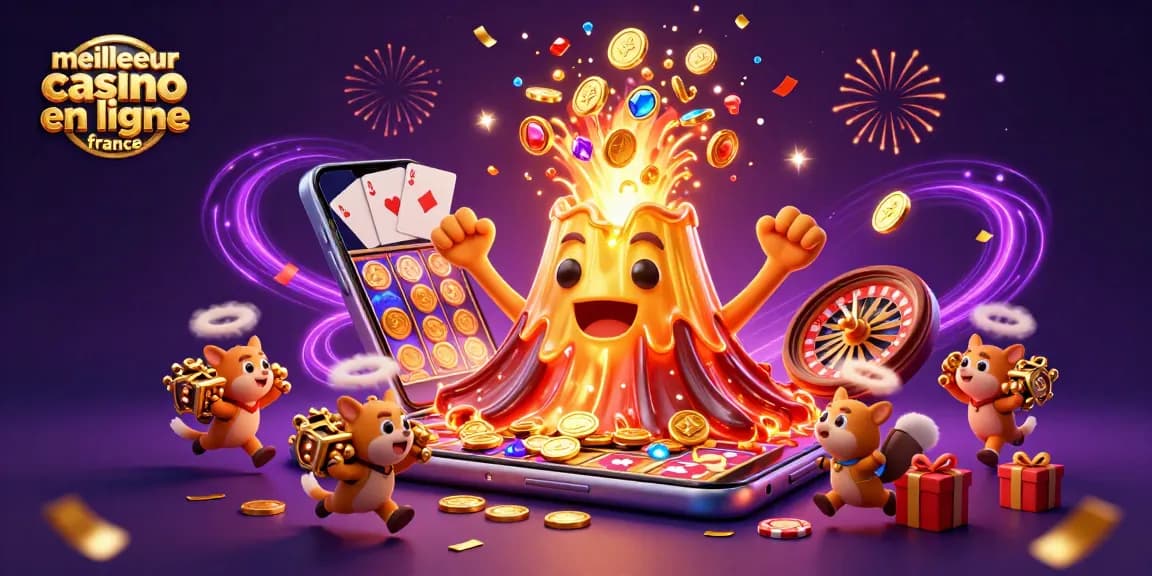 Illustration animée d'un casino en ligne, présentant le meilleur casino en ligne France, avec un volcan doré et des trésors.