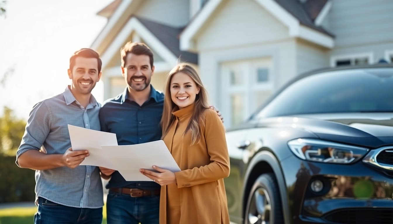 Family illustrating warranty protection for cars and homes with documents beside a car and house.