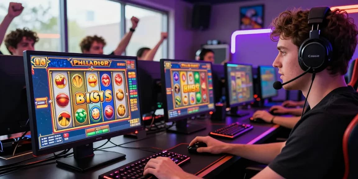 Player enjoying slot games on a computer, colorful graphics and gaming setup.
