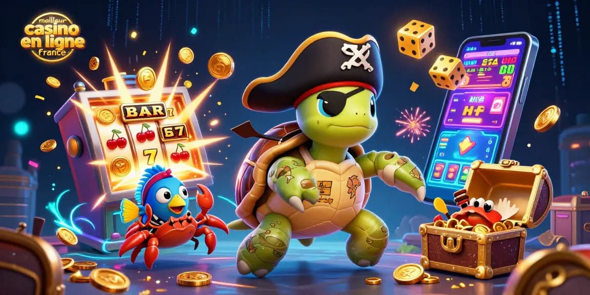 Exploration du meilleur casino en ligne France avec un jeu de pirate amusant et des symboles de jackpot.