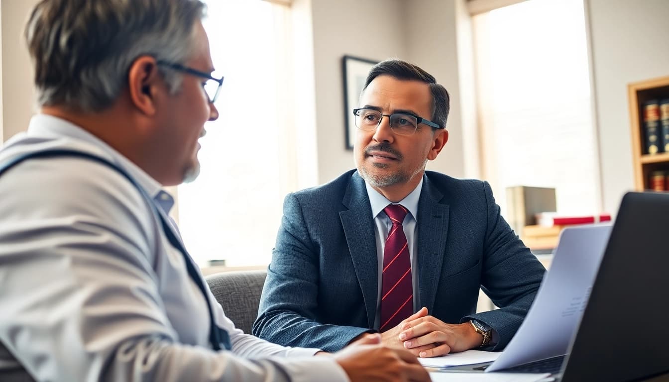 Sarasota personal injury lawyer providing legal advice to a client in a professional setting.