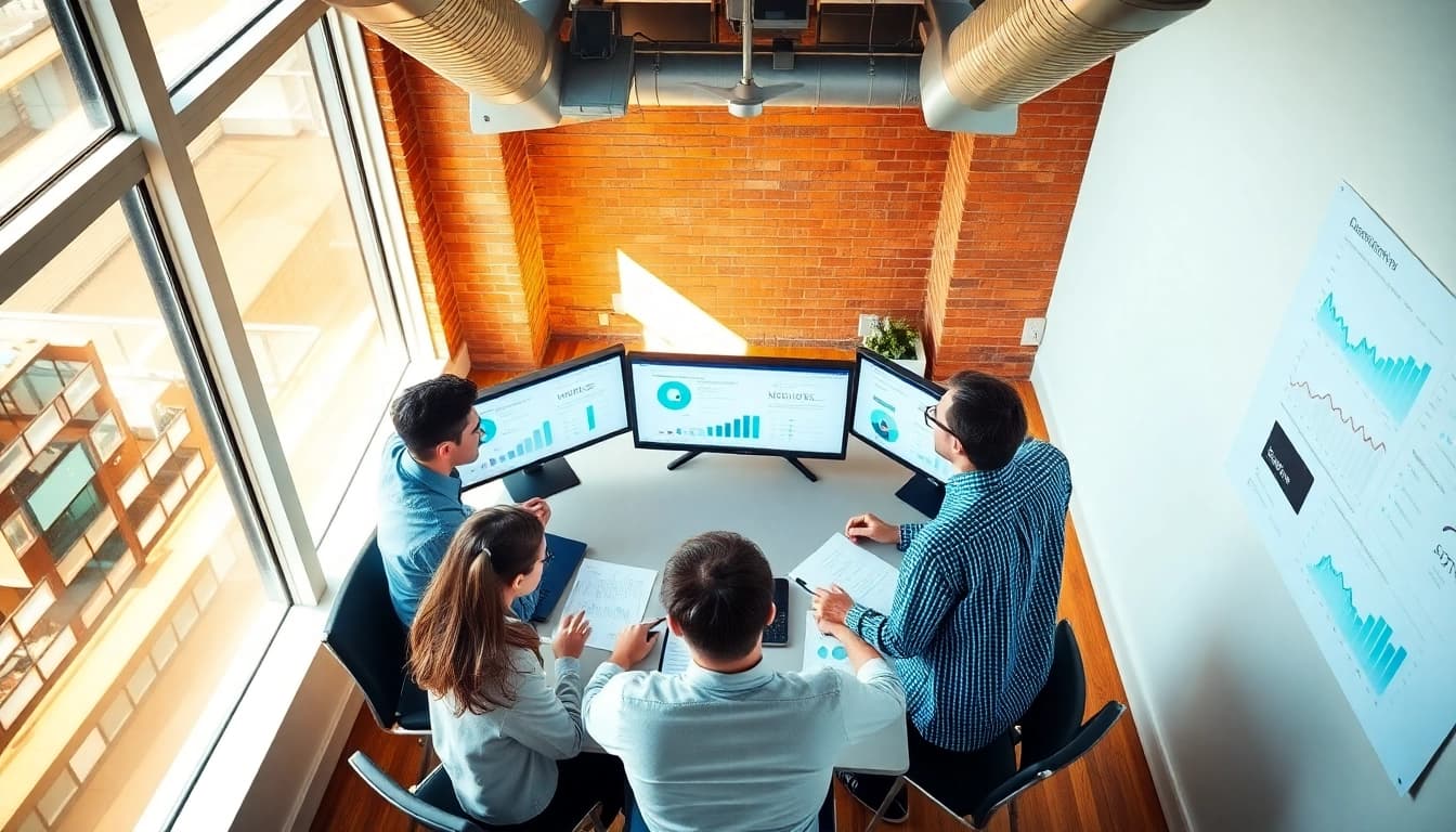 Marketing Consultant strategizing with clients in a vibrant office environment