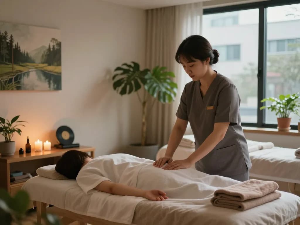 논현동마사지의 이완 경험에 중점을 둔 차분한 마사지 치료실.