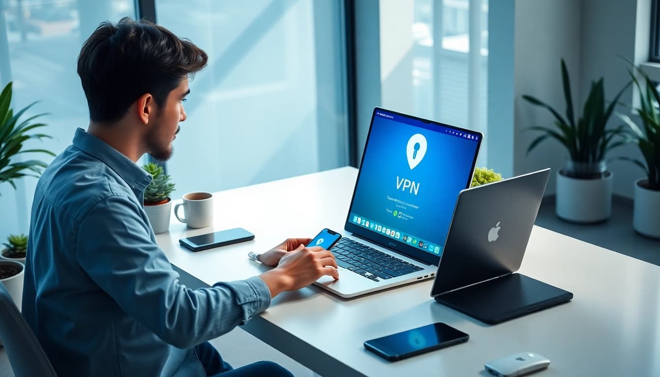 Download 快连vpn下载 in a sleek modern workspace with a professional using tech gadgets.
