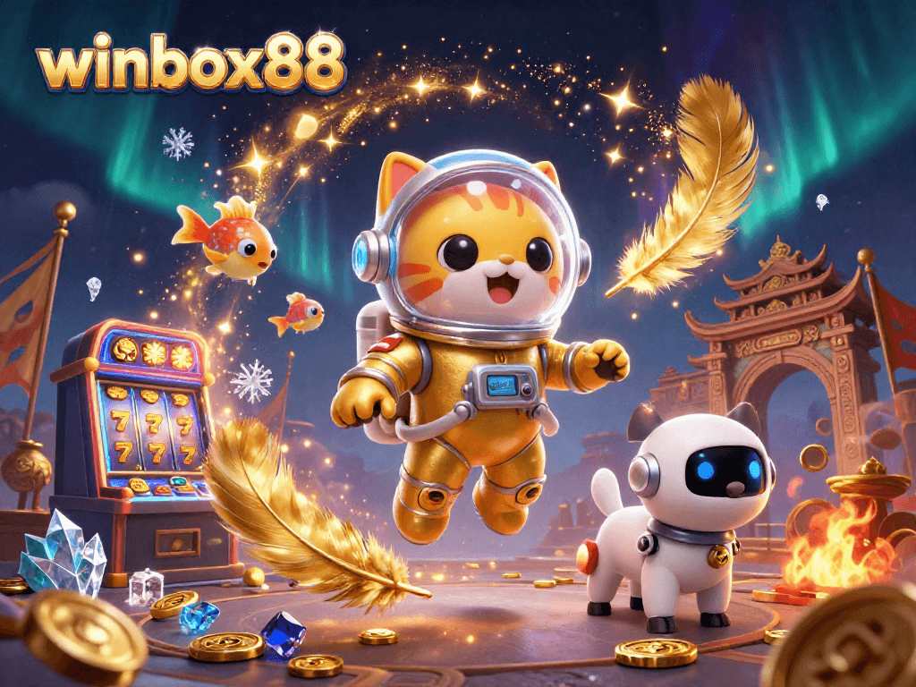 Winbox88 immerses players in vibrant slot action with a dynamic golden-themed space illustration.