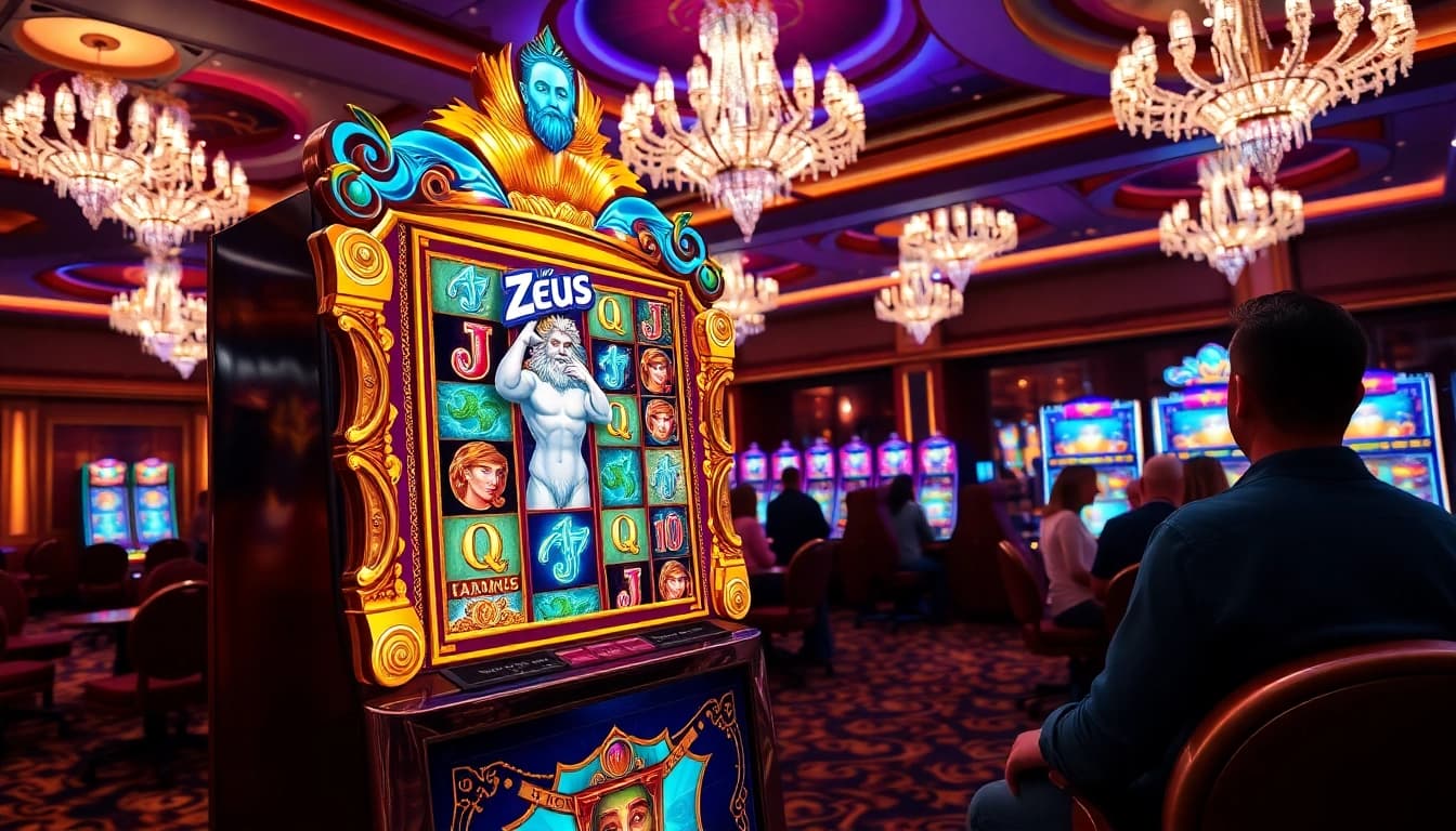 Spin to win on the slot zeus machine in a luxury casino setting with vibrant designs.
