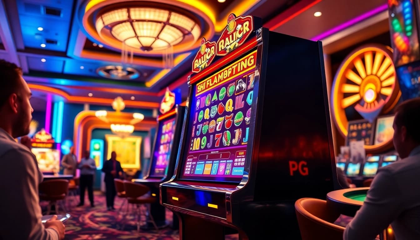 Excited players enjoying a pg slot machine experience in a luxurious casino environment