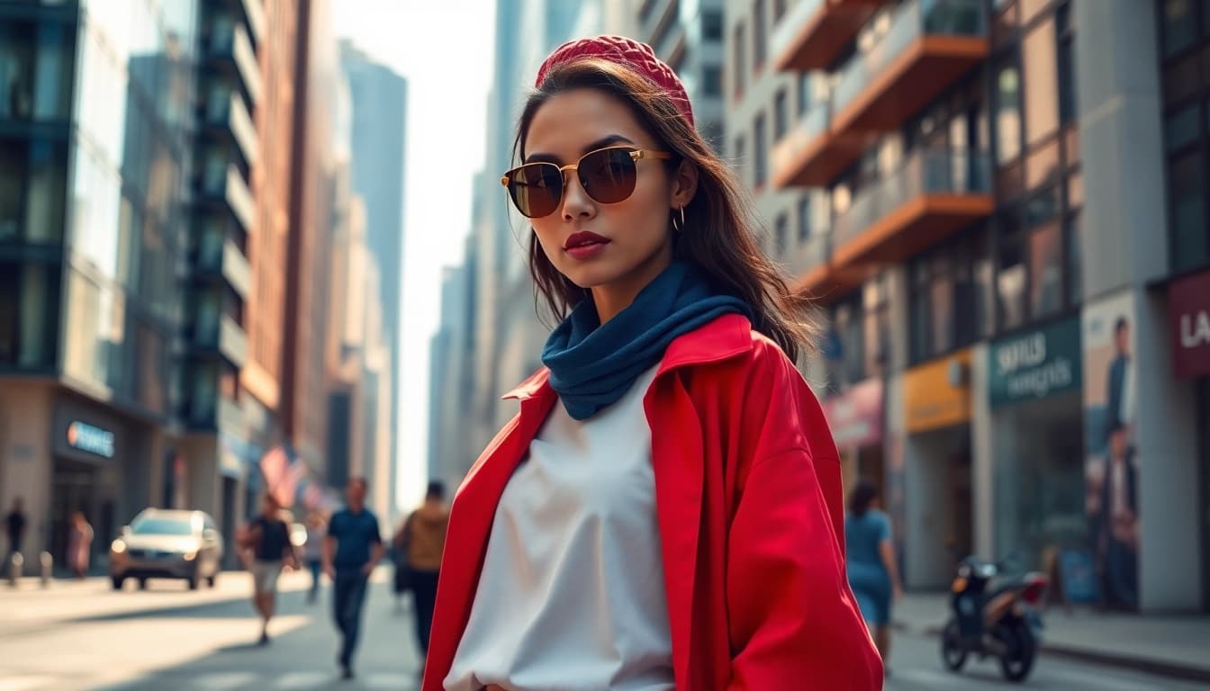 Fashion model confidently showcasing contemporary style in an urban setting.