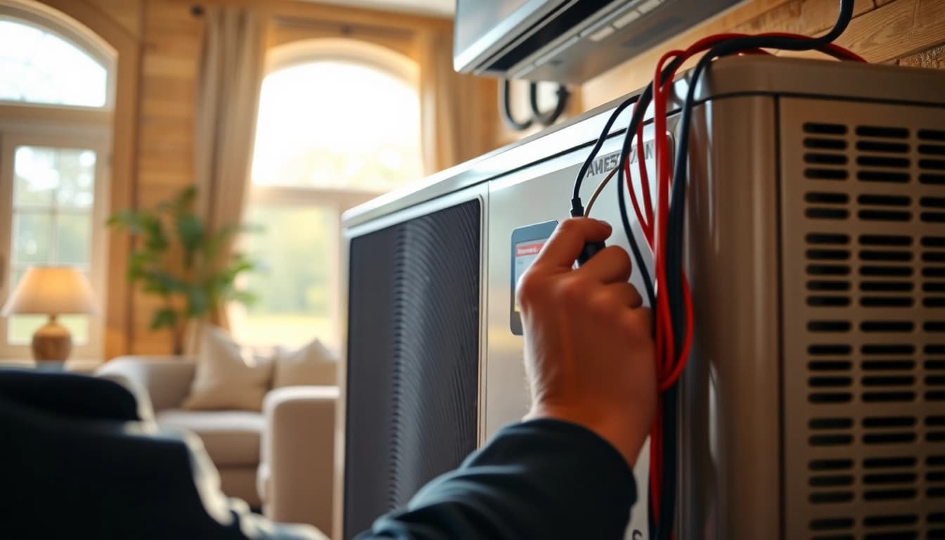 Technician installing american standard heat pumps in a welcoming home environment.