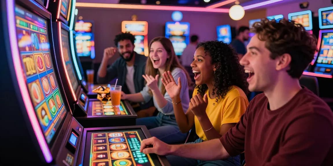 Friends enjoying slot online games at a colorful casino with vibrant lights and excited expressions.