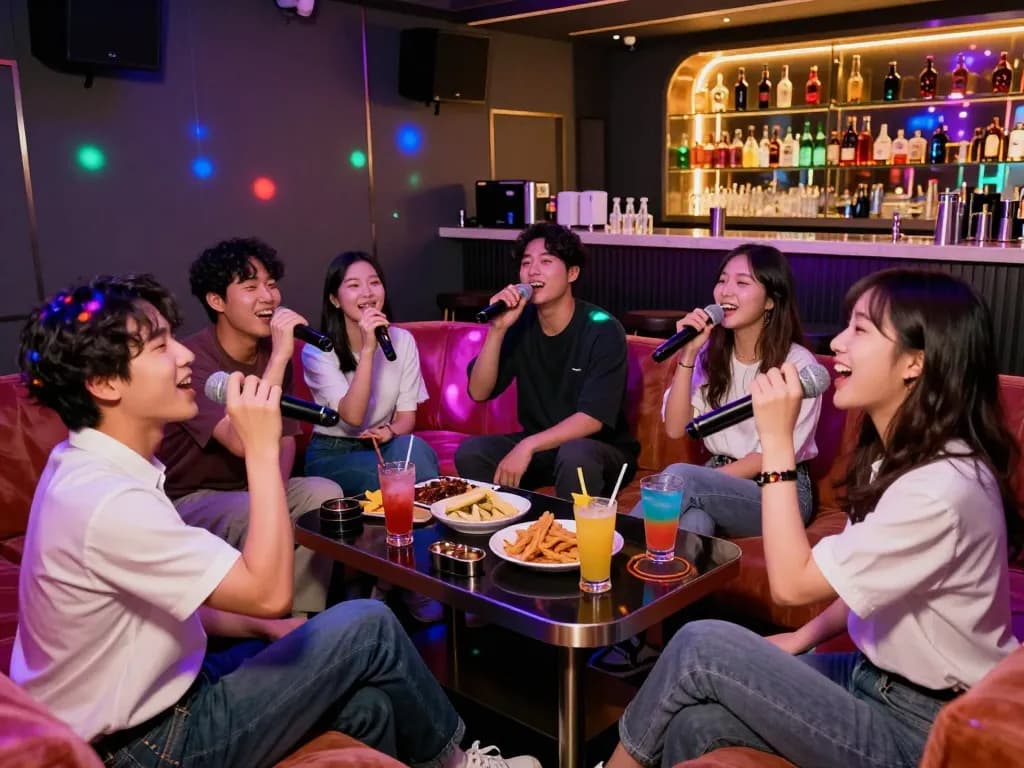 음료와 활기찬 분위기로 서구청쓰리노 노래방 밤을 즐기는 흥미로운 그룹.