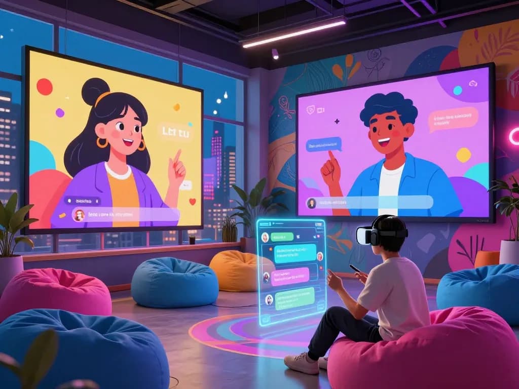 Immersive scene of spicy chat interaction with diverse AI characters, showcasing vibrant virtual communication.