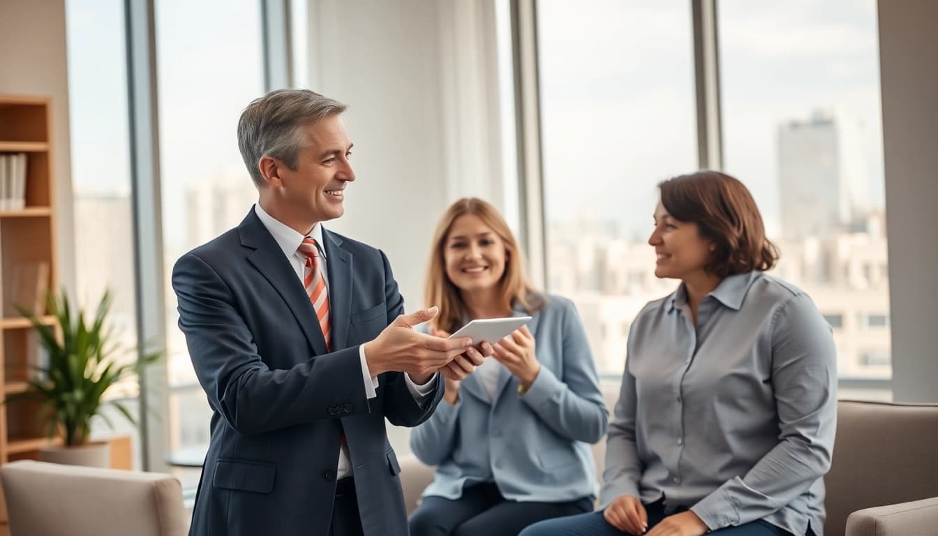 Clients receiving guidance from a personal injury lawyer at https://www.cohanlegal.com in a bright office environment.
