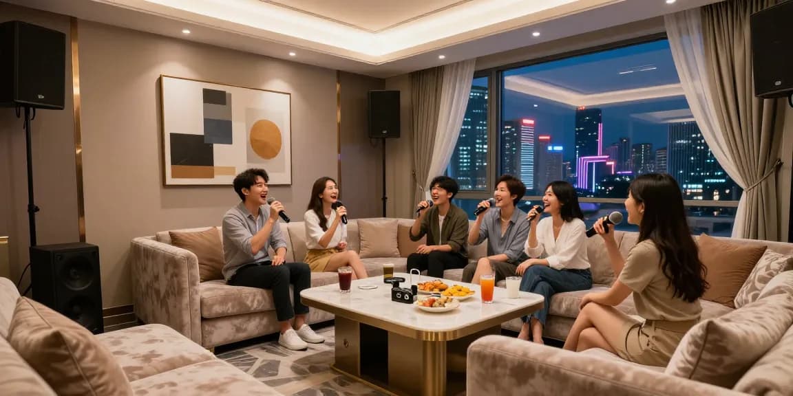 강남쩜오의 고급스러운 카라오케 라운지에서 즐기는 친구들 모습