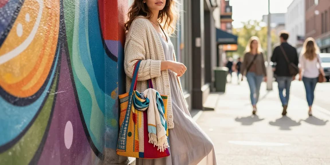 Eco-conscious woman showcasing a knit cardigan in an urban setting with colorful tote and vibrant street art.