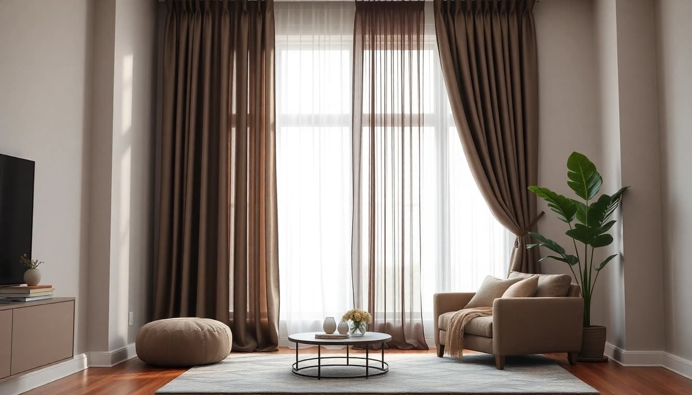 Verduisterende gordijnen in een stijlvolle woonkamer, die zorgen voor een warme sfeer.