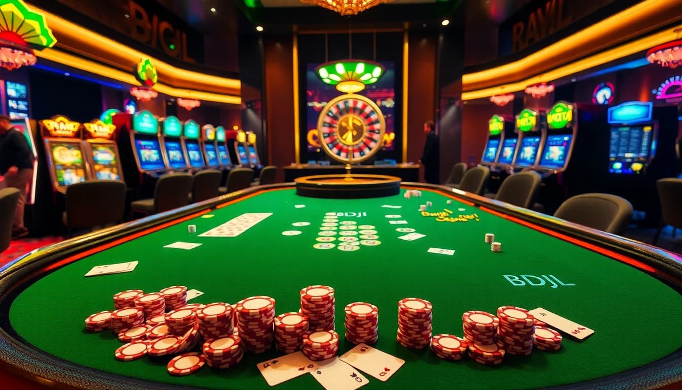 Engage in a thrilling BDJL poker experience at a glamorous casino table.