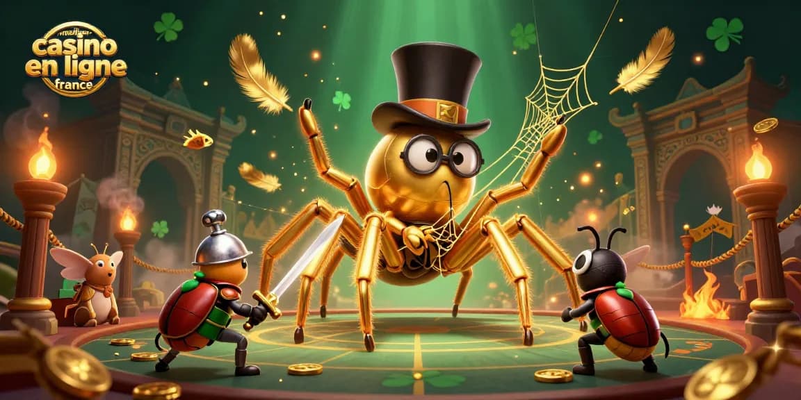 Illustration dynamique mettant en avant le meilleur casino en ligne France avec une tarentule dorée et un chevalier scarabée.