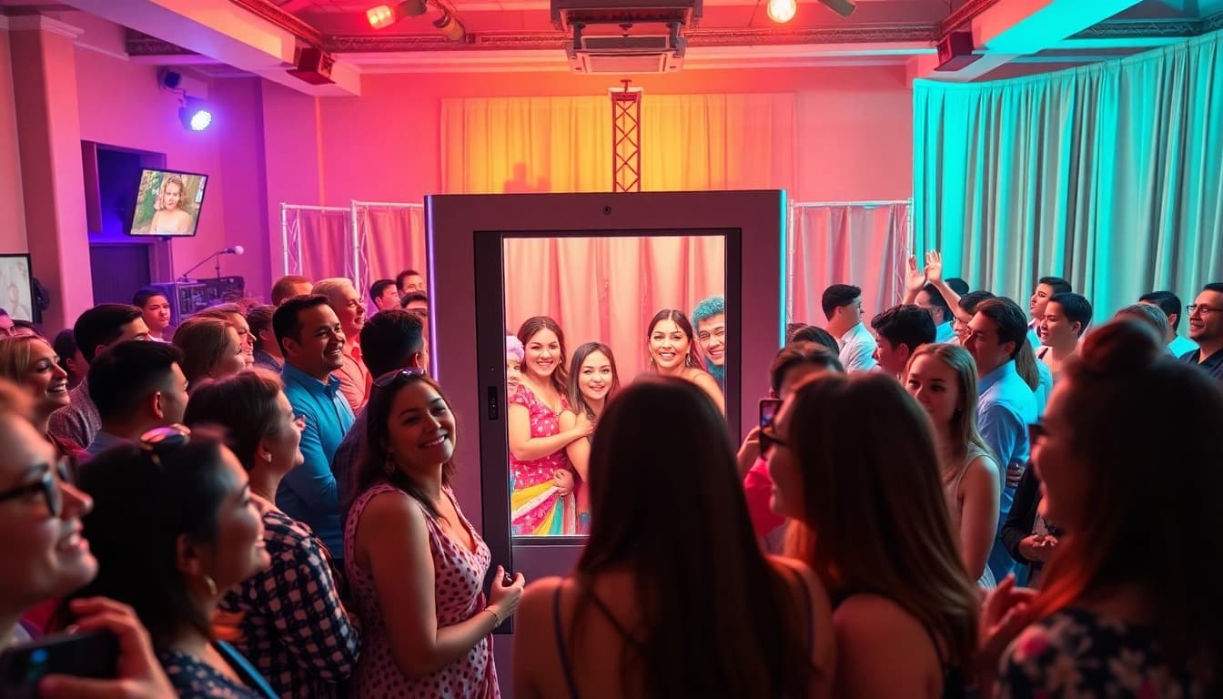 Guests having fun at a photo booth rental, featuring exciting props and colorful setup.