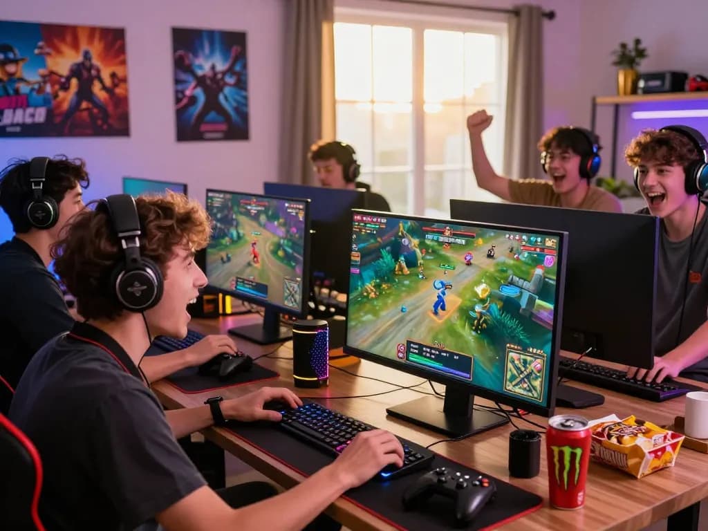Para gamer yang antusias menikmati permainan situs slot gacor dalam setup permainan yang penuh warna, menunjukkan reaksi ceria dan grafik yang dinamis.
