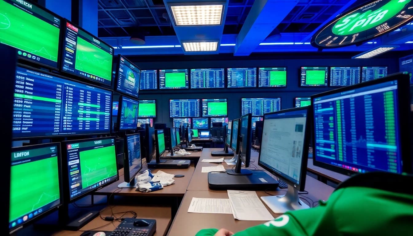 Explore top sportsbooks in Manitoba through a vibrant betting scene showcasing screens and sports jerseys.