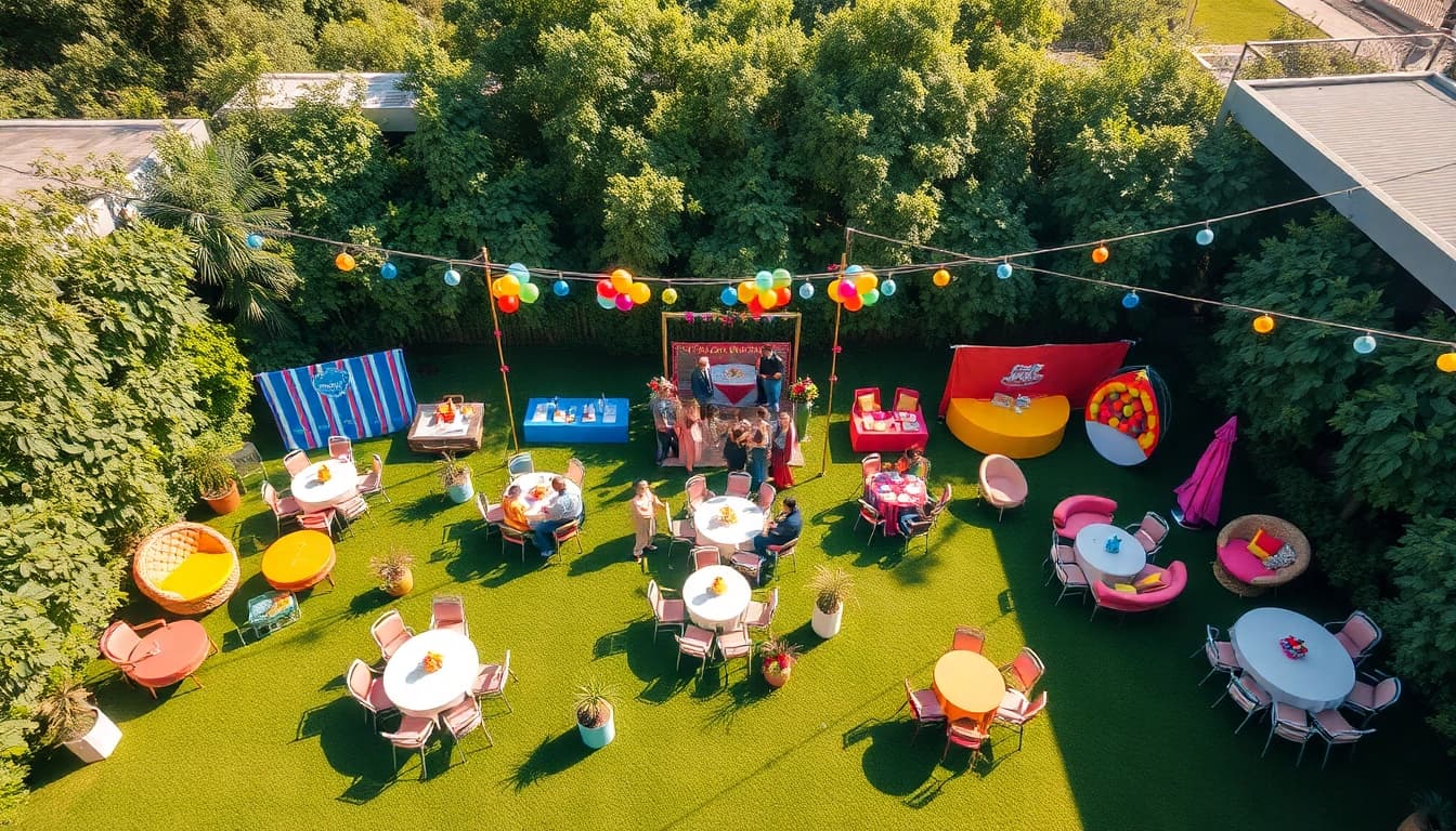 Experience vibrant Party Rentals with a festive outdoor setup, featuring colorful decorations.