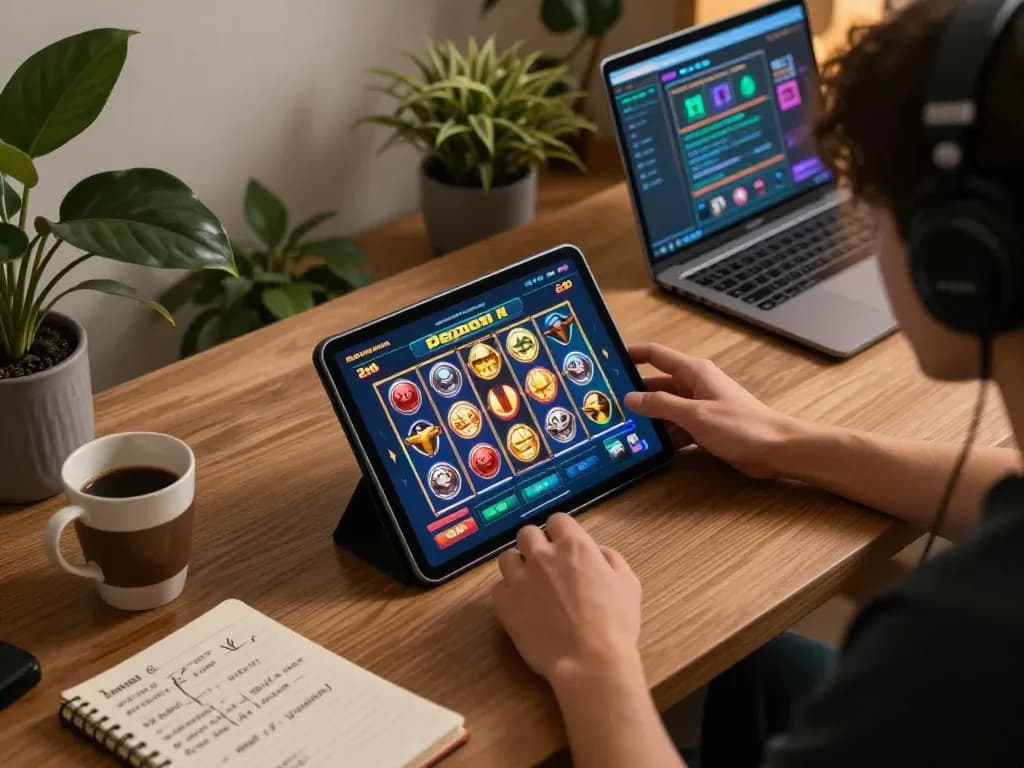 Engaging online gaming session featuring slot deposit 2rb interface on a tablet amidst cozy home decor.