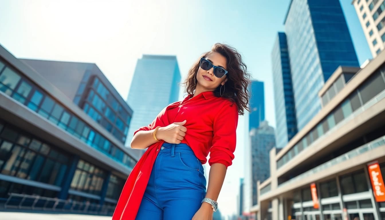 Young woman showcasing modern trends in vibrant Fashion outfit against a city backdrop.
