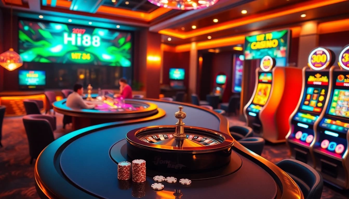 Hi88 casino scene with a poker table, vibrant lights, and engaging slot machines.