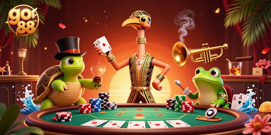 Experience the thrill of go 88 with dynamic casino characters and game elements in an exciting illustration.