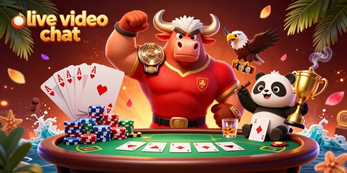 Engage in live video chat with colorful characters and poker elements in this vibrant casino scene.