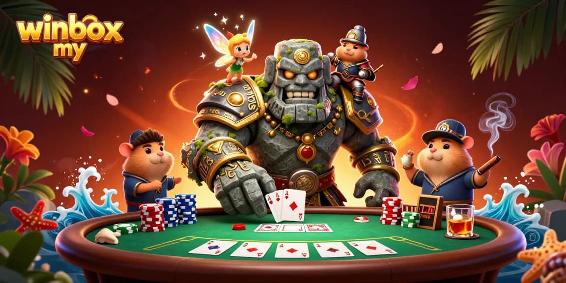 winbox my showcases a magical scene featuring a stone golem, fairy, and hamster knight in a lively casino setting.