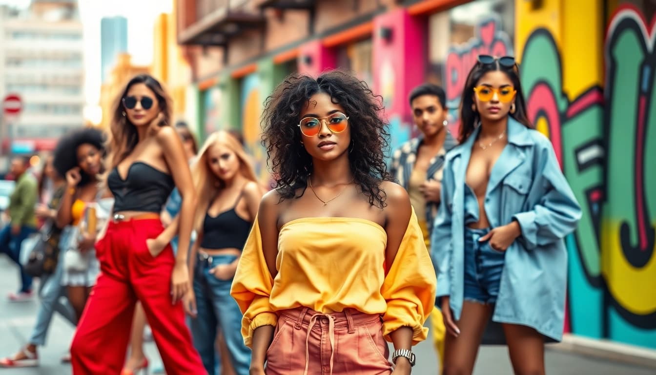 Capture of dynamic fashion styles worn by diverse models in an urban setting, embodying modern Fashion.