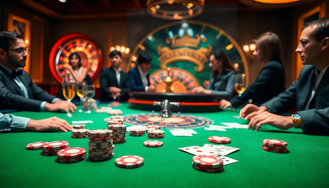 S88vip players strategizing at a luxurious casino table with poker chips and cards.