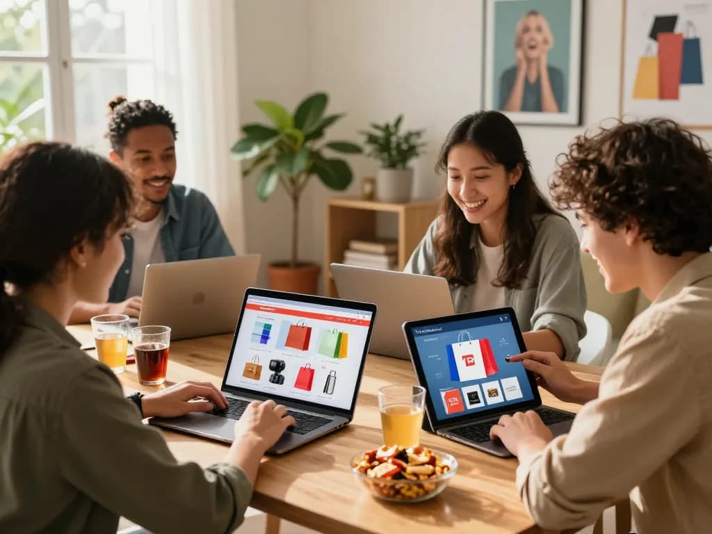 Friends excitedly browsing sales and new products on https://hubet88.icu/ in a cozy home office setting.