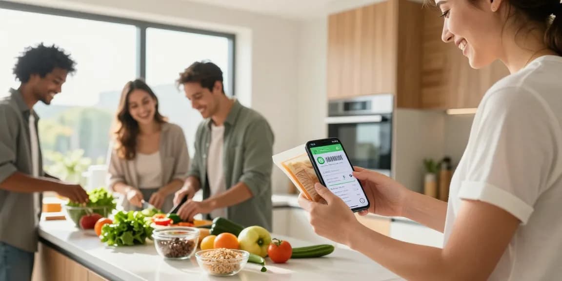 Friends using the best calorie tracker in a bright modern kitchen while cooking healthy meals.