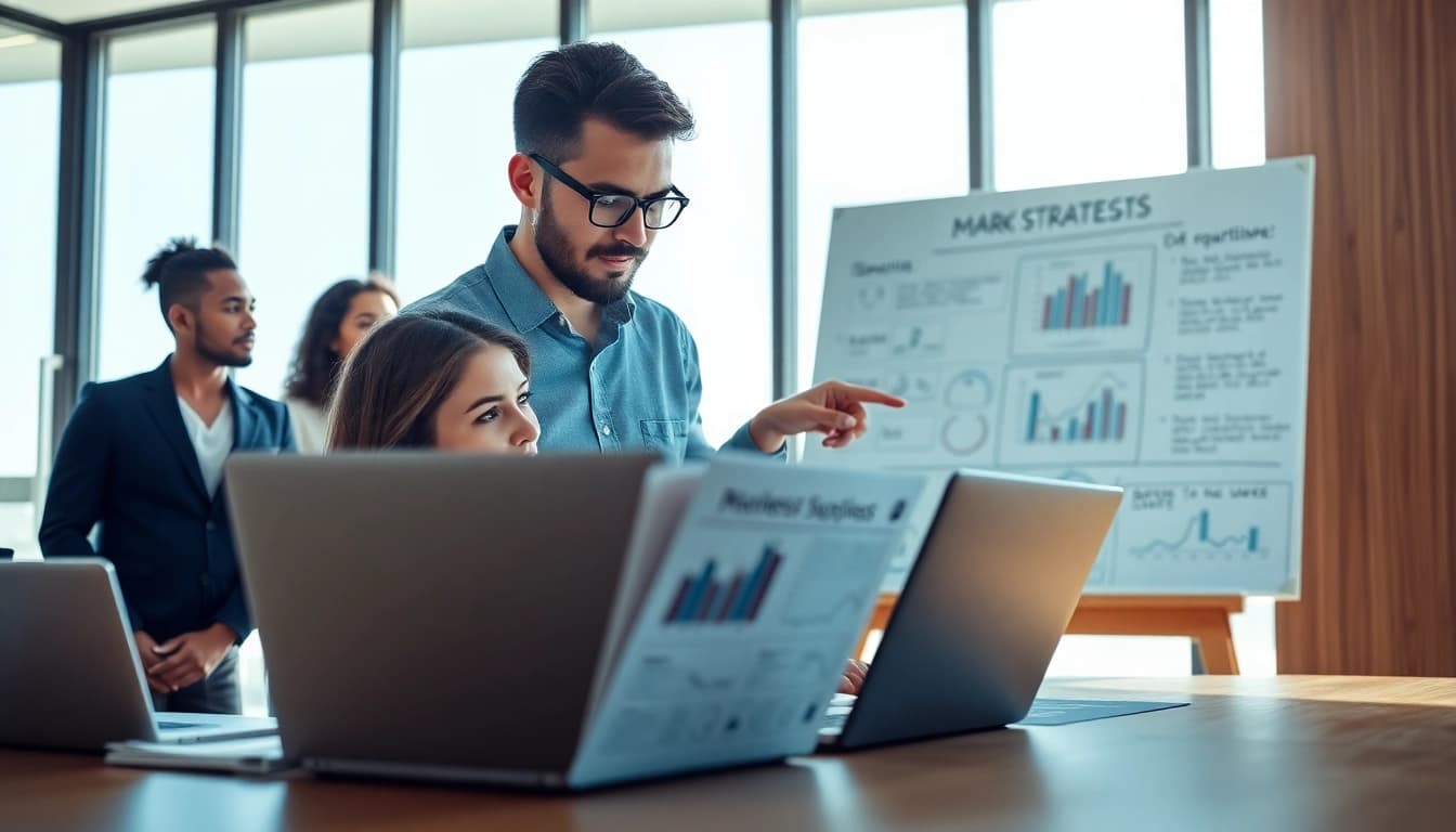 Businessabc professionals analyzing strategies in a bright office environment.