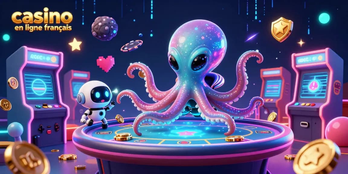 Plongez dans un univers captivant avec notre illustration de casino en ligne français, mettant en avant des personnages futuristes et des éléments de jeu éblouissants.