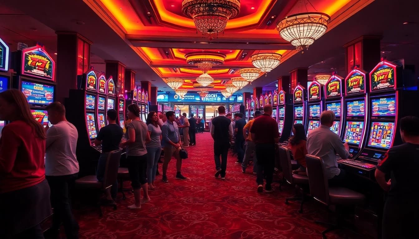 Players enjoying a doaslot slot machine on a vibrant casino floor.