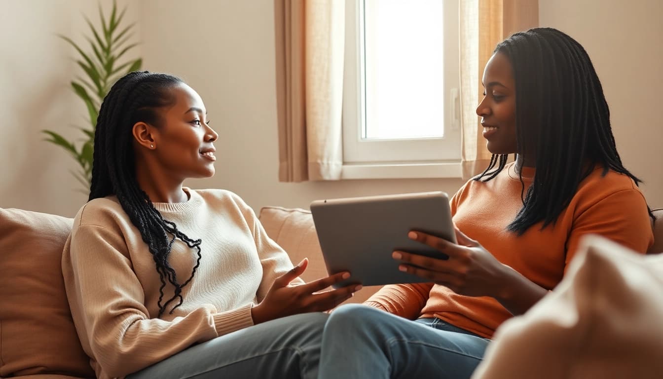 Couple engaging with sex AI technology in a cozy, modern setting.