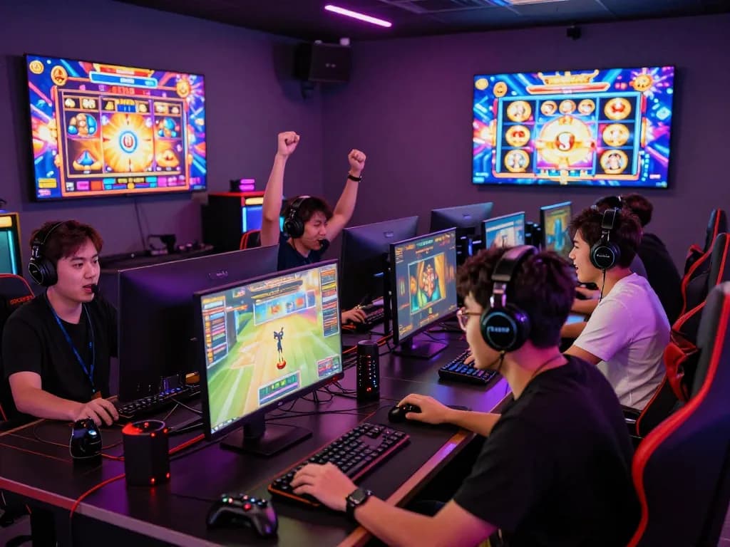 Pemain menikmati permainan situs slot di ruang permainan yang cerah dengan pencahayaan warna-warni.