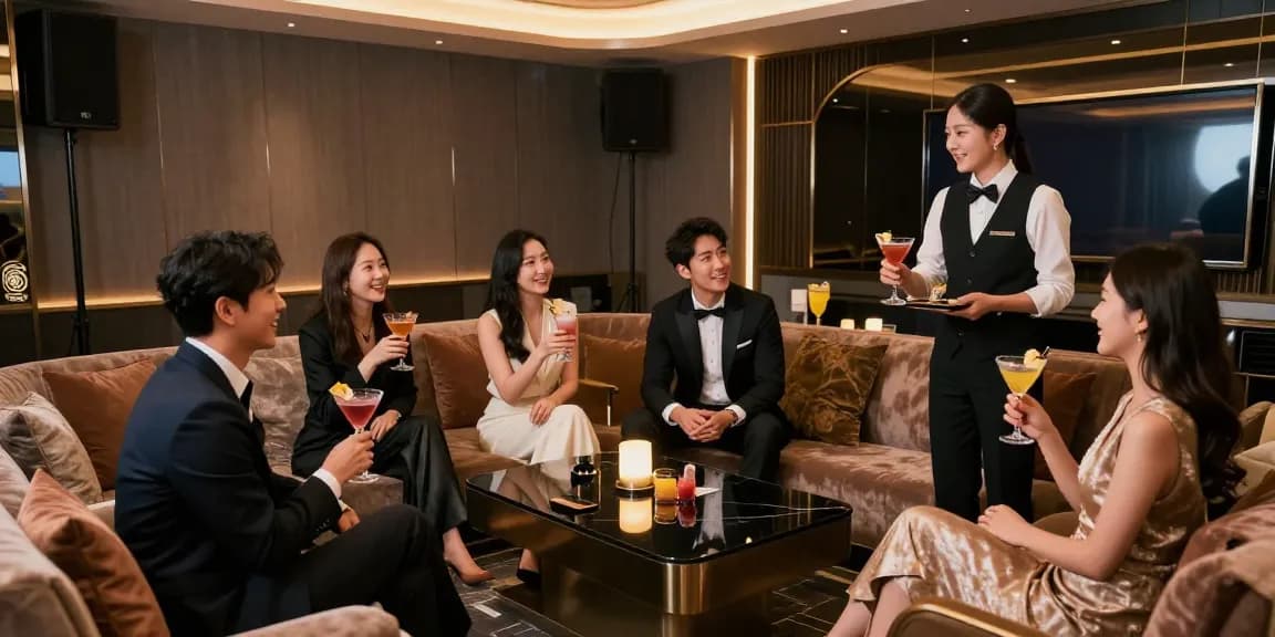 강남구구단에서 프리미엄 노래방을 즐기는 고객들과 전문 접객원의 모습