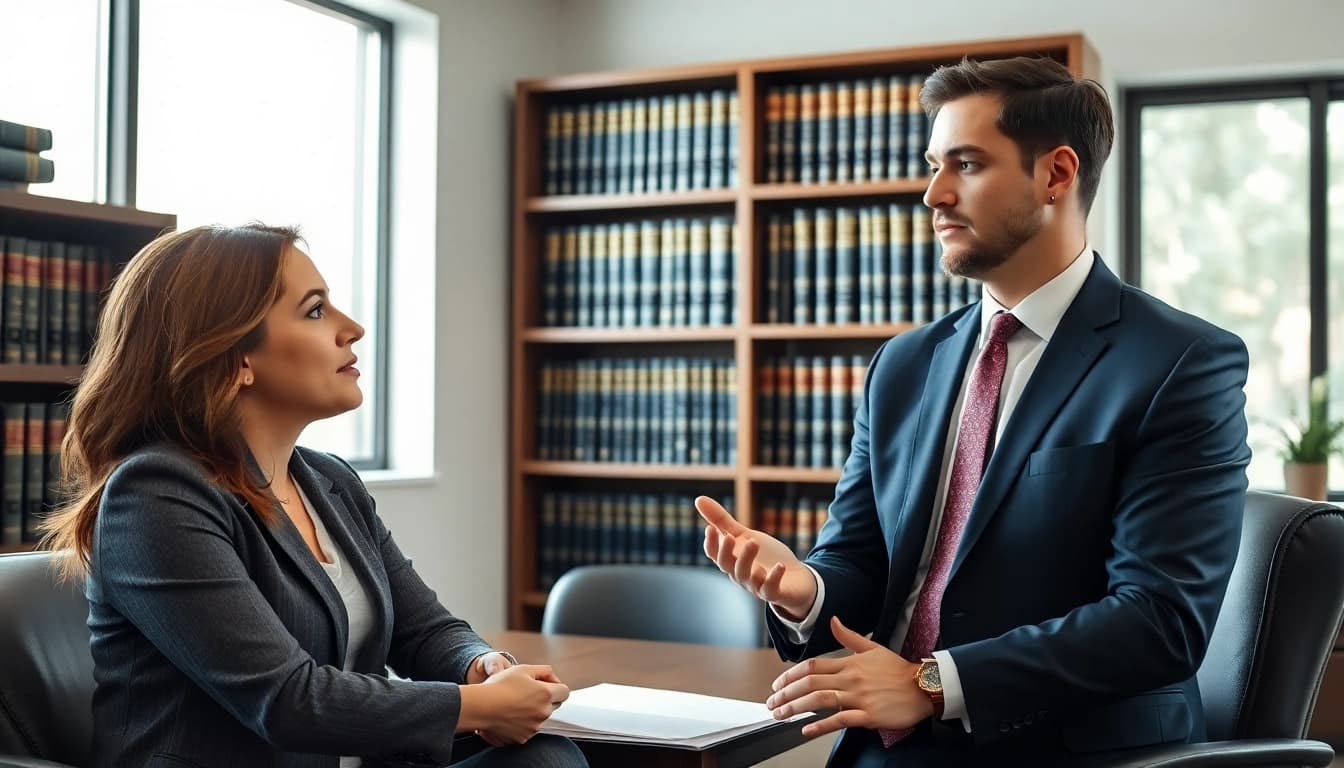 Asheville criminal defense lawyer advising a client in a contemporary office.