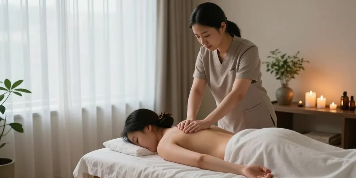 두정동마사지로 편안한 마사지를 받는 모습과 아로마 향기, 아늑한 스파 환경