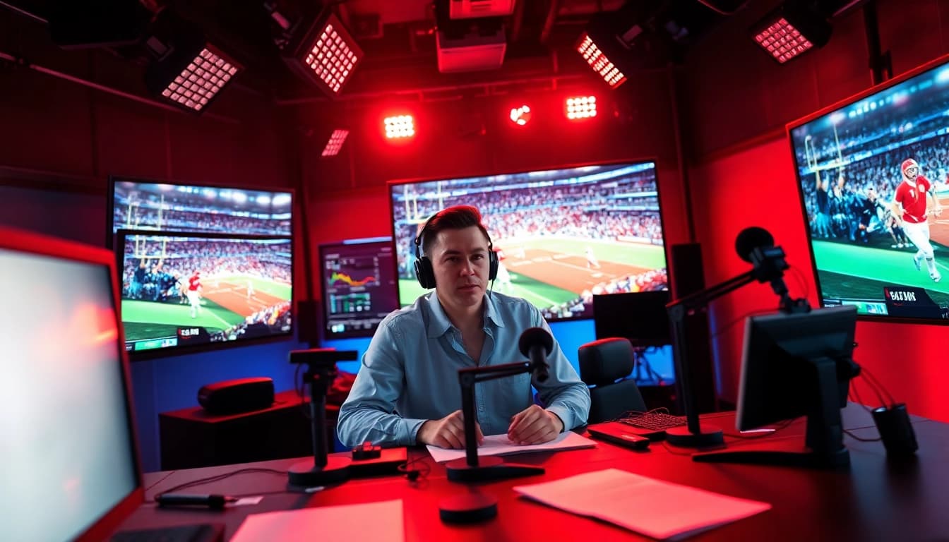 Engaging sports broadcasting scene with an announcer delivering live commentary.